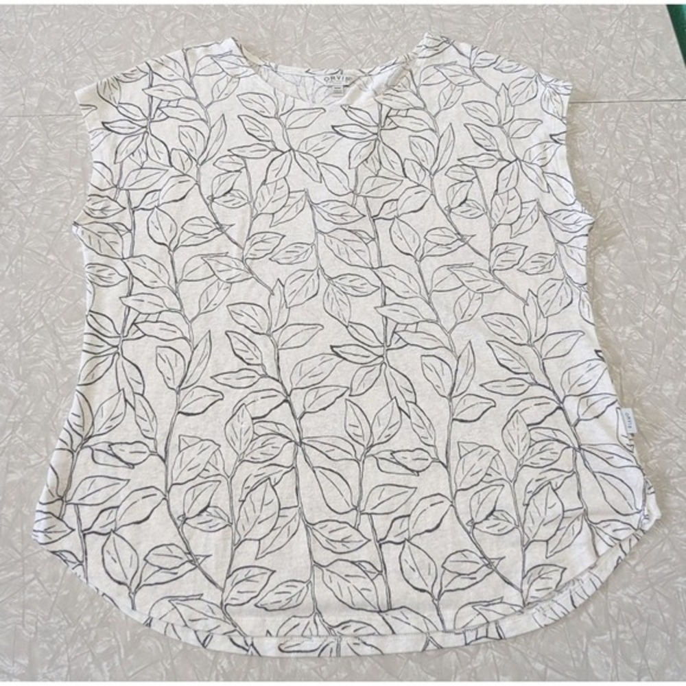Orvis‎ Women's M Cap Sleeve Linen Blend White Leaf/Plant Pattern Top Shirt